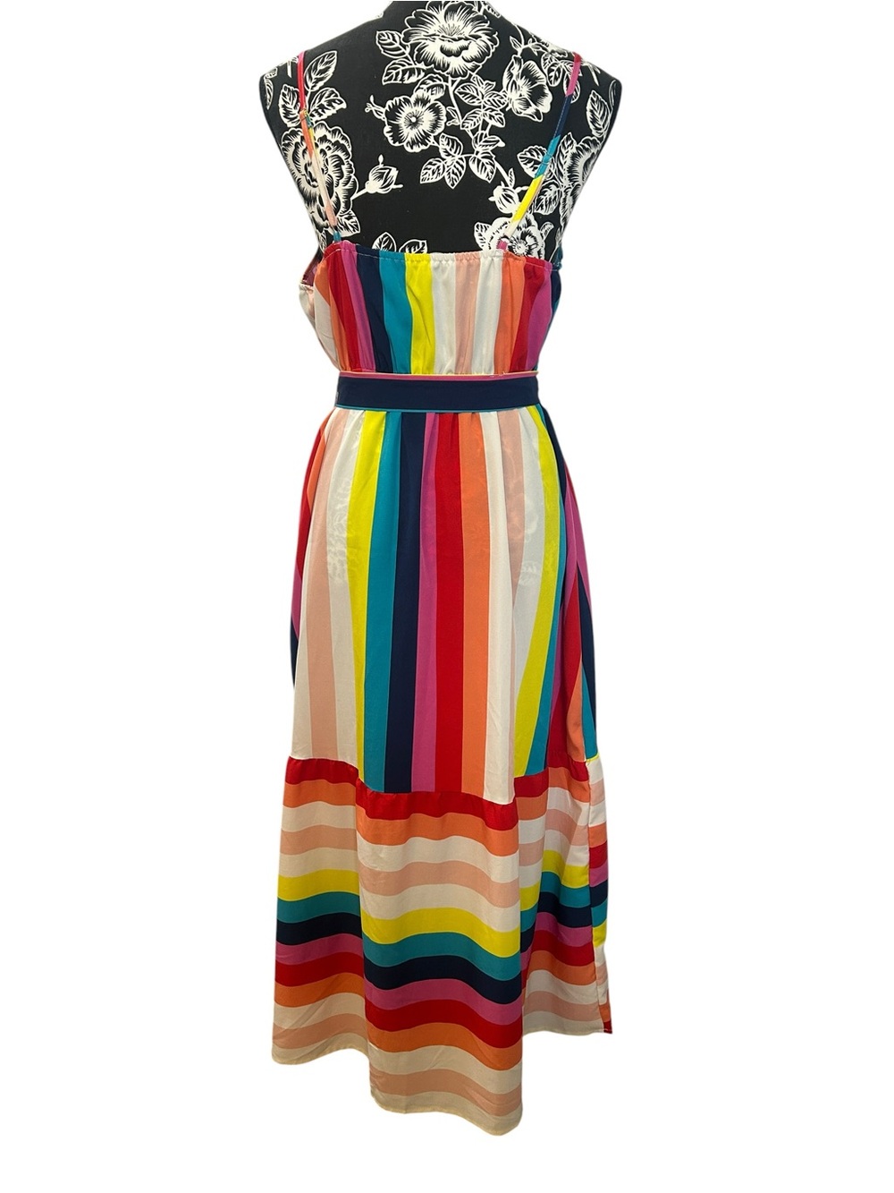 Rainbow Colorblock Striped Spaghetti Strap Maxi Dress Sundress Ruffle Belted L - Picture 8 of 12